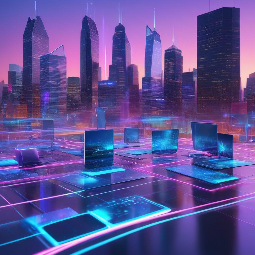 An intricate network of interconnected digital devices, including laptops, smartphones, and tablets, exchanging data through glowing, neon-colored lines. The background showcases a futuristic cityscape with holographic interfaces. The scene should embody a sense of digital communication and seamless connectivity. super-realistic. vibrant colors. white background.