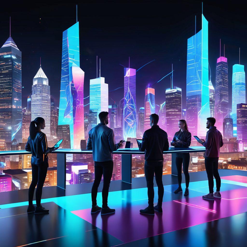 A dynamic scene showcasing modern web development and design: a diverse team of developers and designers collaborating on futuristic holographic interfaces, code snippets, and vibrant web designs. Background features a cityscape with digital connectivity elements. Bright, energetic colors and futuristic, sleek design aesthetics. 3D. vibrant colors. super-realistic.